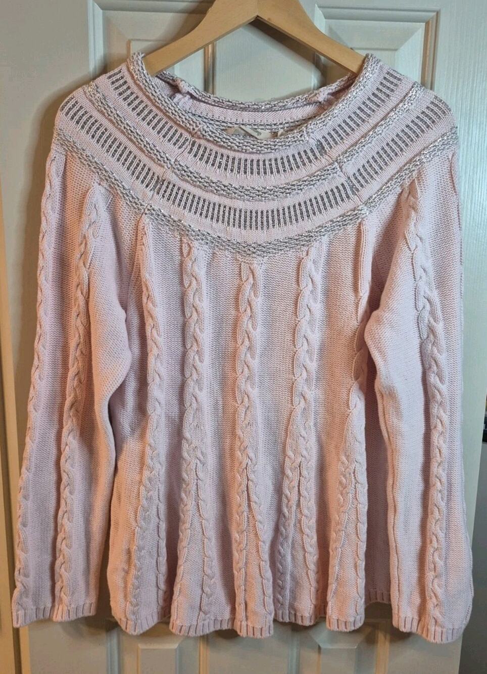 Soft Surroundings Pink Cable Knit Sweater Long Sleeve Metallic Embellished L